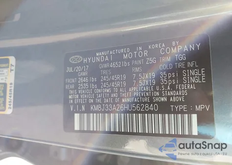 2017 Hyundai Tucson Value z USA, uszkodzony, nr VIN KM8J33A26HU562840